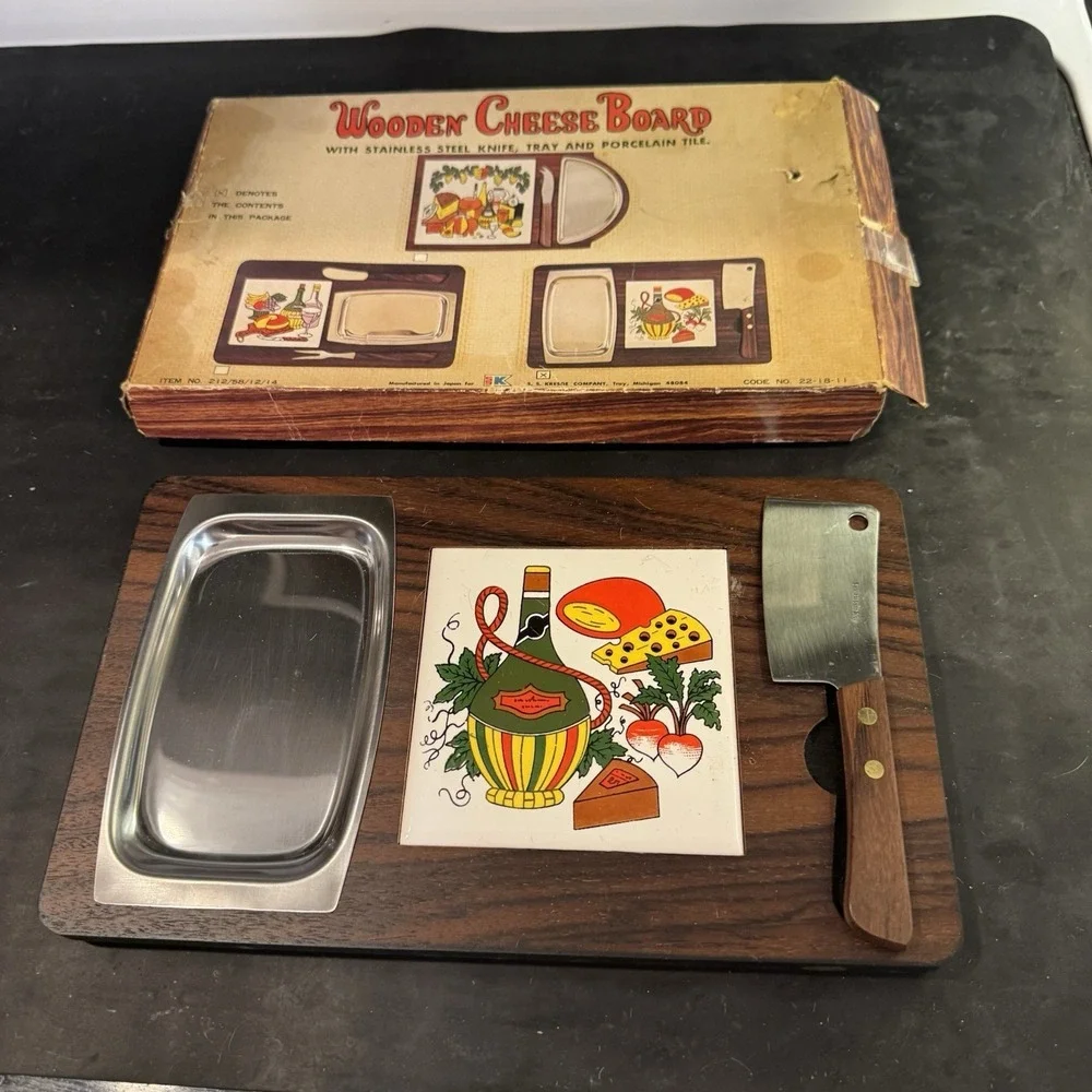 Vintage 1970s Wooden Cheese Board Set with Knife, Tray, and Porcelain Tile‎